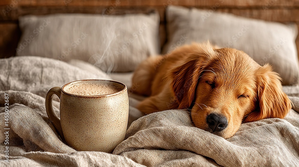 Poster a close-up shot of a dog lounging on a bed with a steaming mug of hot cocoa positioned in front of i