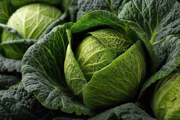 Fototapeta premium Fresh Savoy Cabbage Heads Showing Crinkled Texture and Vibrant Green Color, Captured in a Close-Up Studio View of Organic Produce