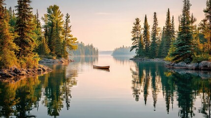 Obraz premium Small boat floats on top of green-filled lake next to tall pine trees in forest