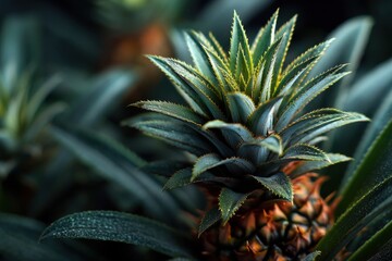Fototapeta premium Close-up of Pineapple Fruit with Vibrant Green Leaves and Textured Skin, Small Water Droplets, Selective Focus