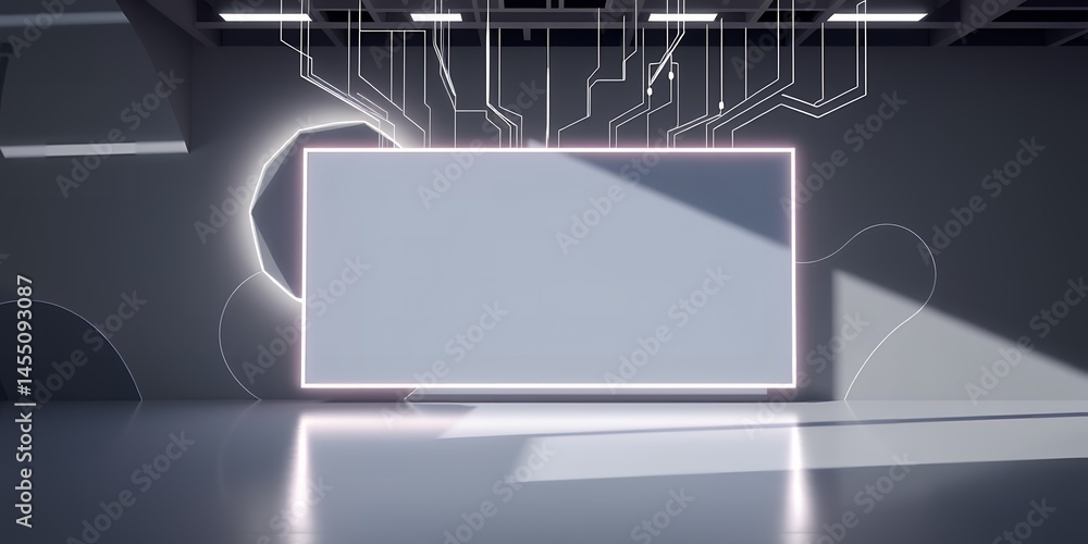 Aufkleber a futuristic gray room with a glowing rectangle and circuit like lines above it in the center