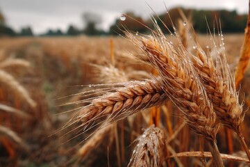 Golden wheat ears glistening with morning dew drops in a field create a textured background. Harvest season bounty and agriculture.