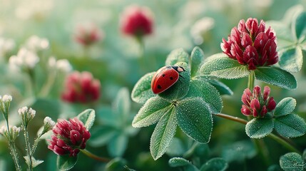 Red Ladybug on Green Plant with Red Flowers