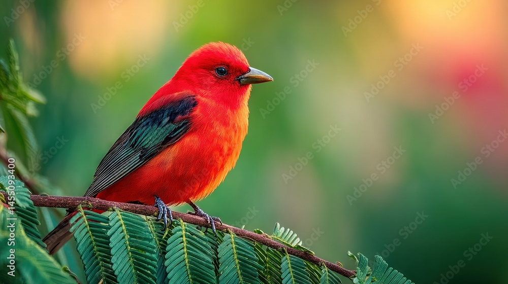 Poster red bird perched on green branch in sharp focus against blurred background