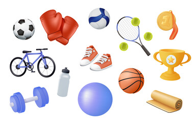 Sports stickers in cartoon style modern 3D. Sports equipment training and motivation gym. Set of fitness trainers shapes