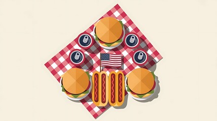 Naklejka premium picnic items like burgers, hot dogs, corn, soda cans, and a mini flag on memorial day banner background created with generative ai
