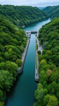 Aerial view of waterway and dam in a forested valley. Nature landscape with water canal, hydroelectricity infrastructure and green trees.
