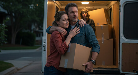 Family embracing while moving into new home with cardboard boxes and moving van