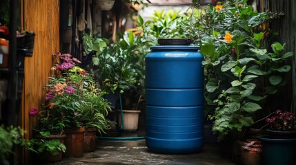 Obraz premium The image showcases a vibrant garden scene, featuring a blue barrel and lush greenery.