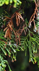 Green pine branches with raindrops and brown tips in nature  