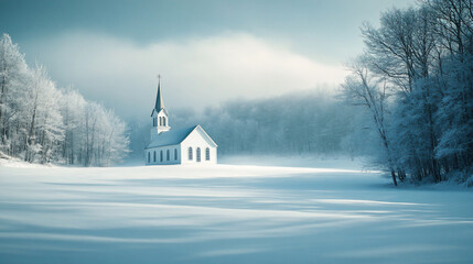 Snowy Church in a Winter Woods