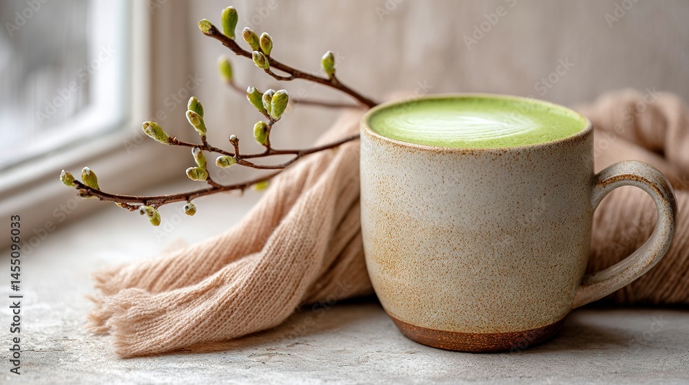 Poster a zoomed-in image of a steaming mug of coffee resting on a windowsill, framed by a tree branch