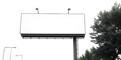 Obraz premium A blank billboard against a white sky with trees and streetlights in the background view
