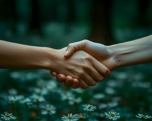 Two hands clasp in a handshake amidst a field of wildflowers, with a dark forest background