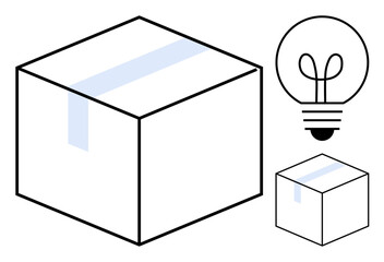 Cardboard box with tape and a lightbulb outline symbolizing ideas, creativity, shipping, storage, entrepreneurship, product design, e-commerce. Ideal for business, logistics innovation flat simple
