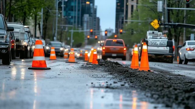 A city street under construction with bright orange traffic cones and reflective signs, illustrating the effort to maintain order and protect both workers and drivers.