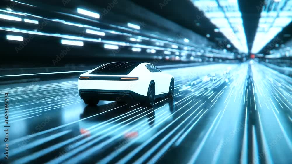 Poster a clean and futuristic white truck traveling through a digitalized highway with smart traffic signal