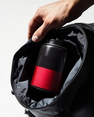 A hand reaching into a gym bag to grab a black supplement container with a red label