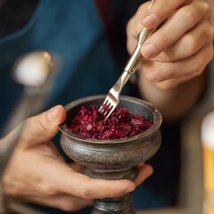 A man preparing shisha tobacco in a rustic metal bowl with a small fork.