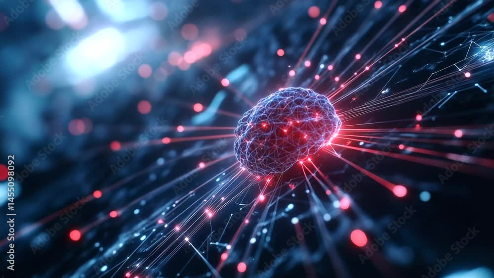 Poster a cosmic visualization of ai intelligence, glowing brains orbiting a central data core, each connect