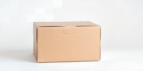 A closed cardboard box sits on a white surface in a well lit studio environment setting image