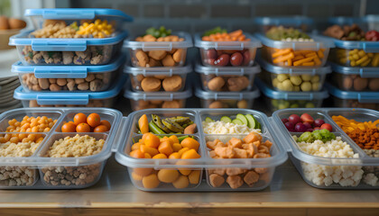 Obraz premium Plastic containers on a counter filled with various types of food