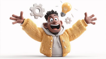 Excited Individual with Light Bulb and Gears Creativity Innovation and Problem Solving Conce