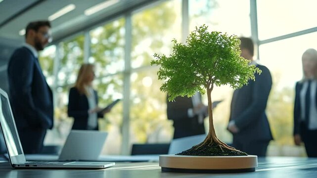 A corporate office setting where a group of professionals admire a physical D pie chart model with a bonsai tree elegantly growing from its center, symbolizing balanced financial