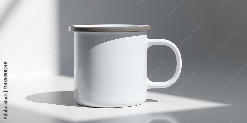 Poster a white enamel mug with a gray rim sitting on a white surface with light and shadow patterns