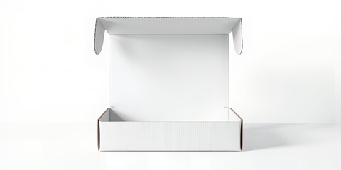 A front view of an open white cardboard box on a white surface in a studio setting with light
