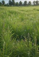 Obraz premium Intricate border of blooming meadow grasses & buzzing insects; lush, vibrant greens , greenery, floral