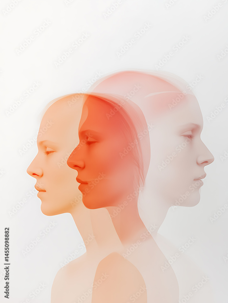 Poster overlapping profiles of a woman in varying tones create a layered, ethereal effect. the artistic arr