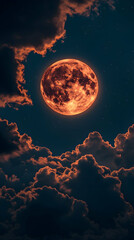 A fiery, full moon glows intensely through a dramatic, dark, cloudy night sky