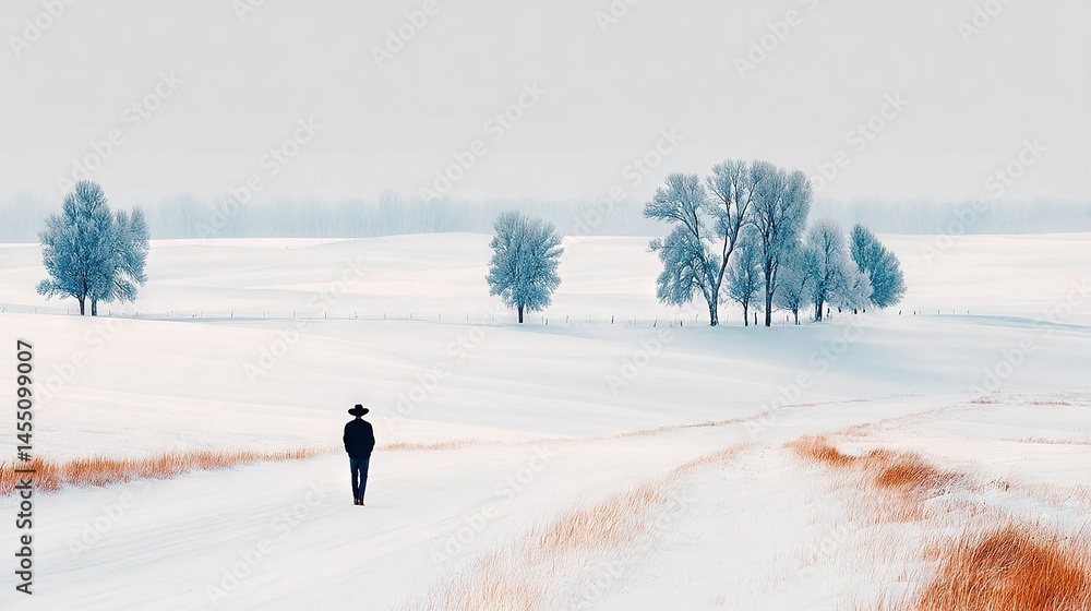 Poster a person strolling through a snow-covered field with trees in the backdrop and a solitary figure in 