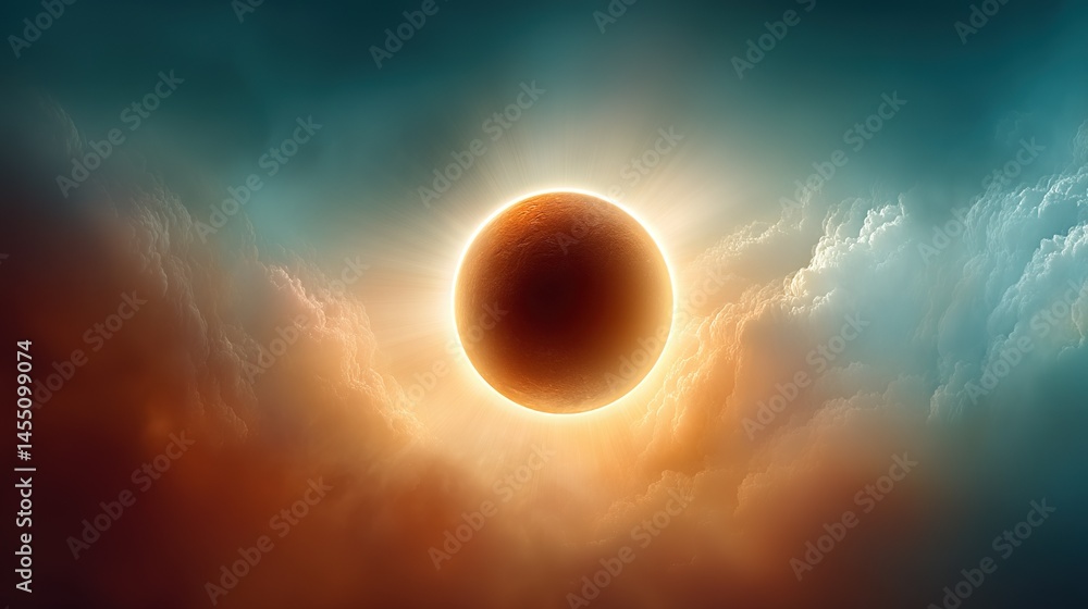 Poster a celestial event with clouds surrounding a dazzling orange orb