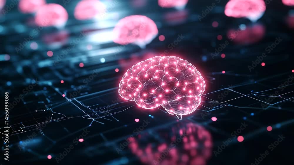 Aufkleber a digital landscape featuring multiple luminescent brains connected by glowing fiber-optic pathways,