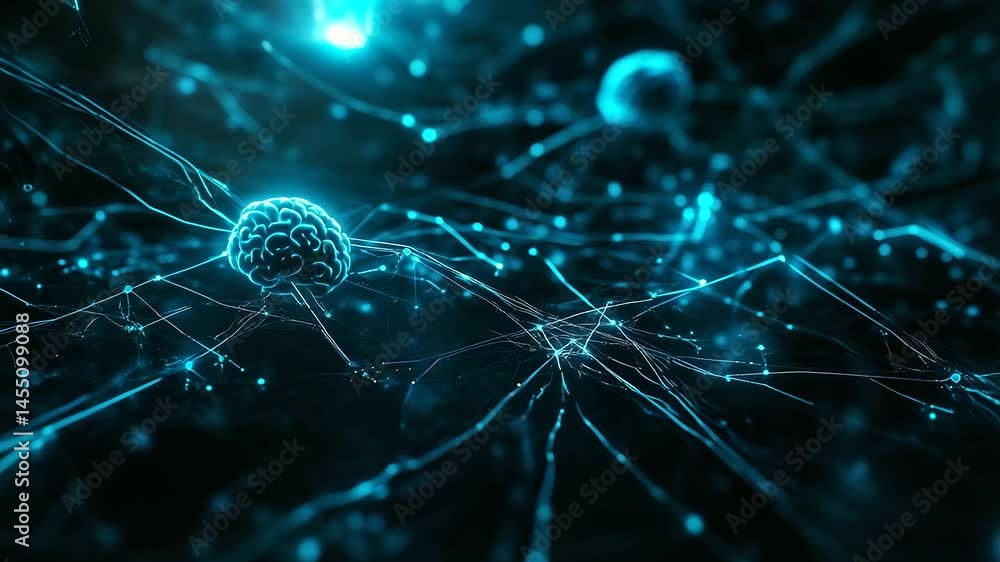 Poster a digital composition of ai-driven minds, each brain radiating electric-blue light and forming an in