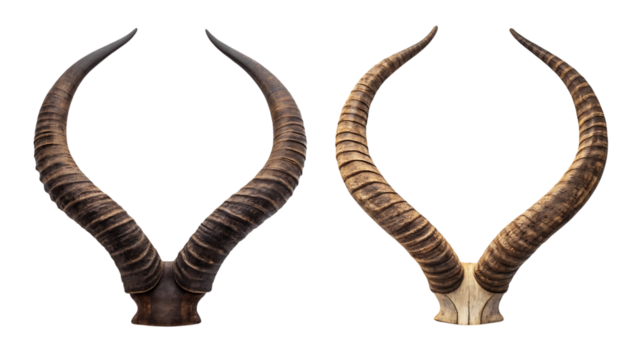 Impala horns isolated, animal skull trophy on transparent background