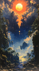 A vibrant, surreal landscape featuring a massive orange sun dominating a mystical, cloud-filled sky above a valley with a river and lush vegetation