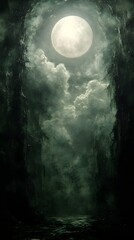 A full moon casts a ghostly glow on a shadowy forest