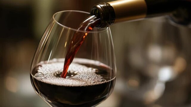 Pouring the dark red wine into glass from bottle creating bubbles, close-up macro shot for wine industry advertisements, tasting, celebrations.