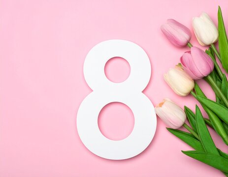 Tulip flower bunch pastel color on pink background. Woman day, celebration gift