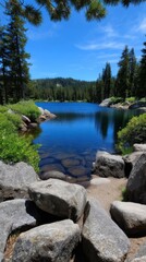 Picturesque lake surrounded by lush coniferous forest, clear blue sky reflects in tranquil water, rocks in foreground.