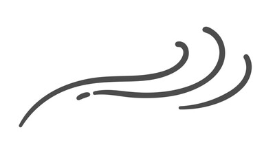 Wind flow with three curved lines, breeze, airflow, draft, gust, zephyr, stream, vortex. Hand-drawn monoline symbol, wind current, air flow, swirl, vector element, air movement.