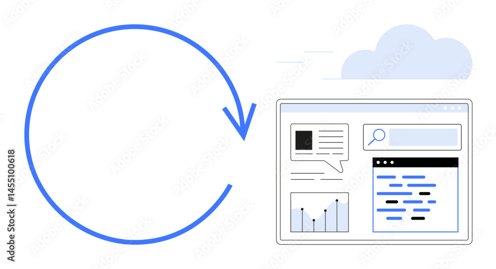 Poster blue circular arrow transitions into analytics dashboard featuring content, search box, graphs, and 