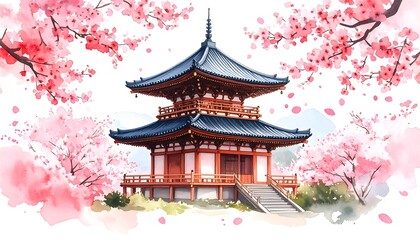 Serene Pagoda Amidst Cherry Blossoms: Watercolor Painting