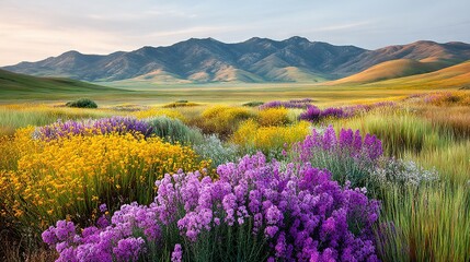 Obraz premium A field of wildflowers and other flowers in front of a majestic mountain range, surrounded by a cloud-covered sky