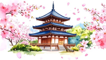 Serene Pagoda Amidst Cherry Blossoms