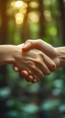Two hands clasp in a handshake, sunlight filtering through a blurred forest background.  Symbolizes unity, partnership, or collaboration in nature