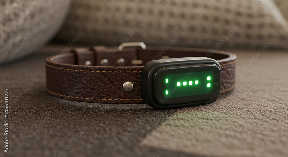 Poster Smart dog collar resting on sofa shows loading status with green lights
